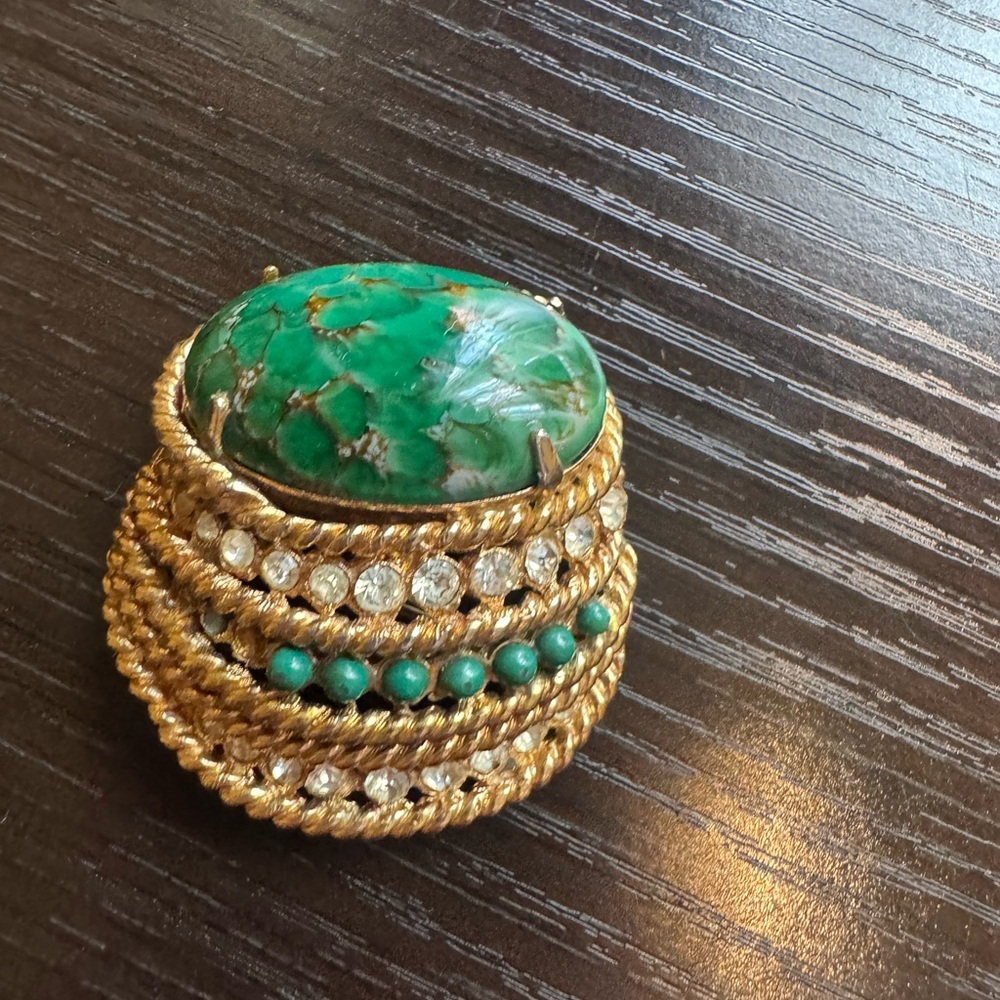 Corocraft Brooch Vintage 1950's Bold Chunky Gold Tone Green Agate Rhinestone.